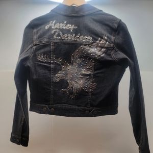 Women's Small Black Denim Cropped Harley Davidson Jacket Button Up
